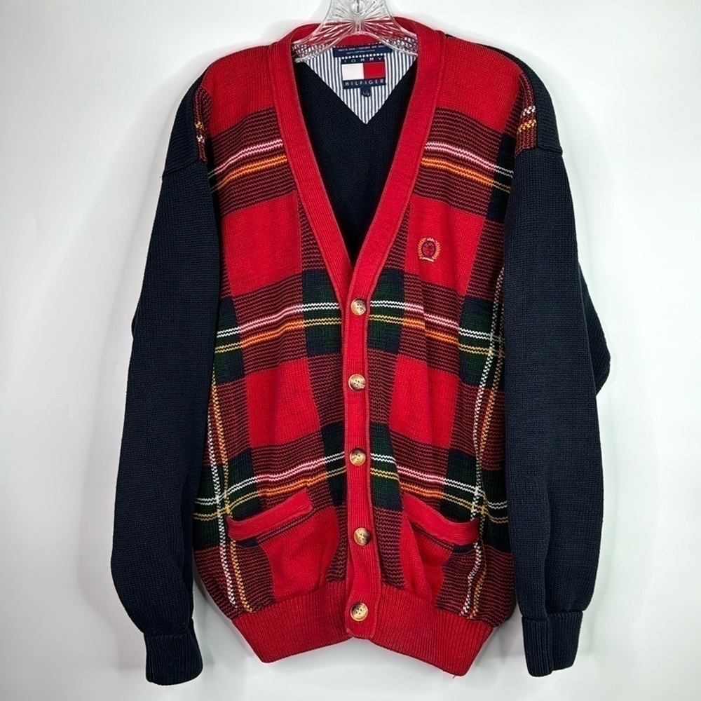 Vintage Tommy Hilfiger Red Blue Plaid Cardigan Button Sweater 90s Large